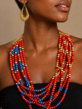 Alpha Multi-Strand Red, Blue & Gold Beaded Statement Necklace with earrings